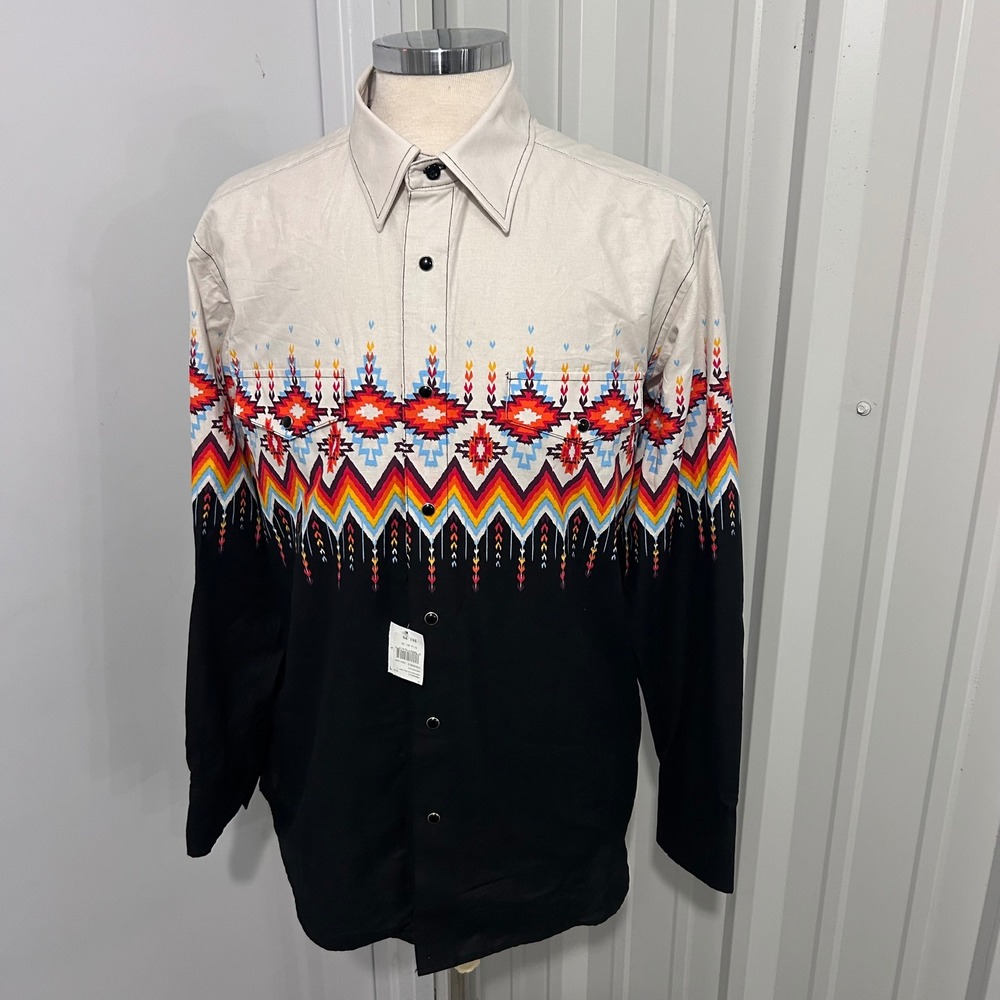 Panhandle Mens Western Snap Shirt Southwestern Geometric Black Cream Lare